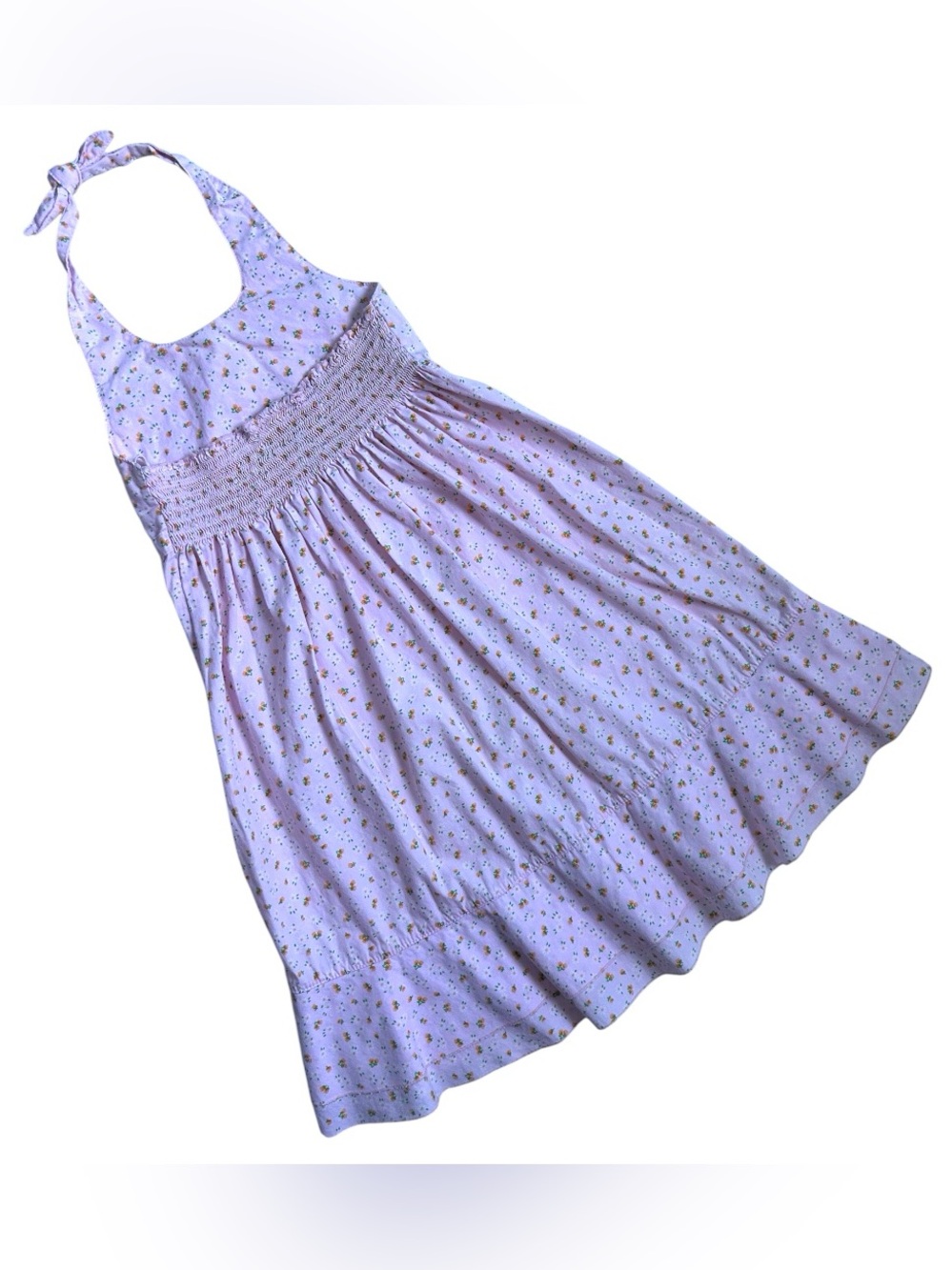 Vintage Y2K Laura Ashley Pink Ditsy Floral Smocked Dress with Ruffle Hem